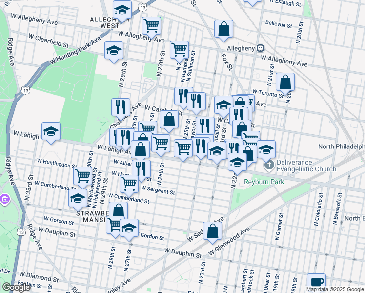 map of restaurants, bars, coffee shops, grocery stores, and more near 2501 West Silver Street in Philadelphia