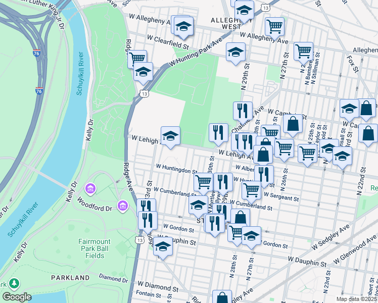map of restaurants, bars, coffee shops, grocery stores, and more near 2661 North Napa Street in Philadelphia