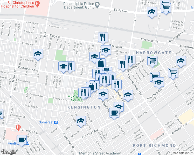 map of restaurants, bars, coffee shops, grocery stores, and more near 756 East Hilton Street in Philadelphia