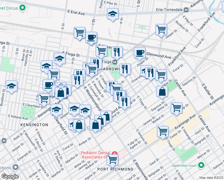 map of restaurants, bars, coffee shops, grocery stores, and more near 3422 Helen Street in Philadelphia