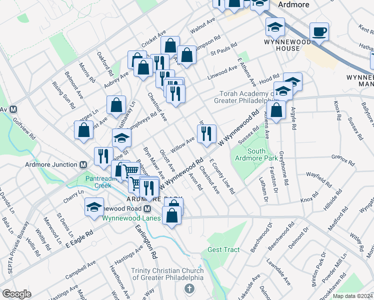 map of restaurants, bars, coffee shops, grocery stores, and more near 2428 Chestnut Avenue in Ardmore