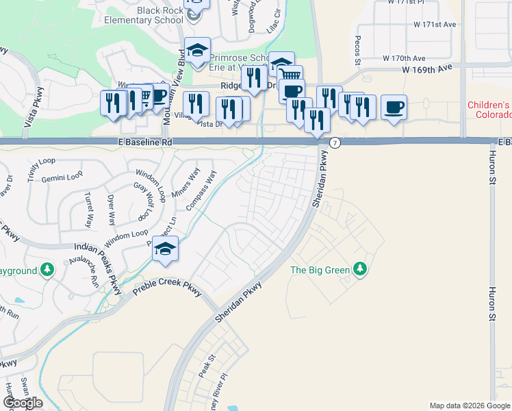 map of restaurants, bars, coffee shops, grocery stores, and more near 16682 Umatilla Street in Broomfield