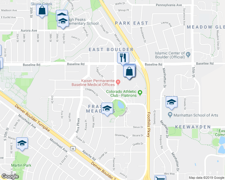 map of restaurants, bars, coffee shops, grocery stores, and more near 565 Mohawk Drive in Boulder