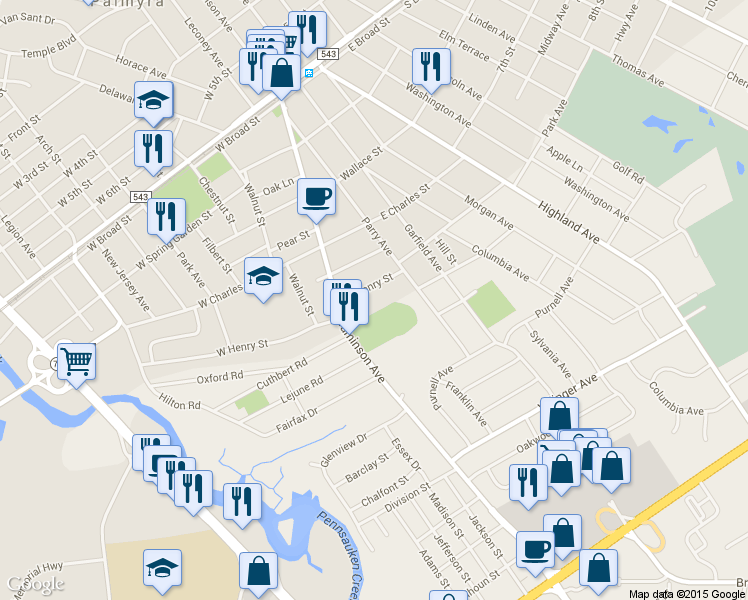 map of restaurants, bars, coffee shops, grocery stores, and more near 26 East Henry Street in Palmyra