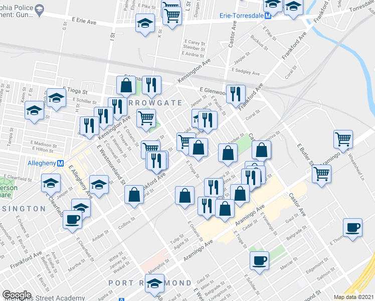 map of restaurants, bars, coffee shops, grocery stores, and more near in Philadelphia