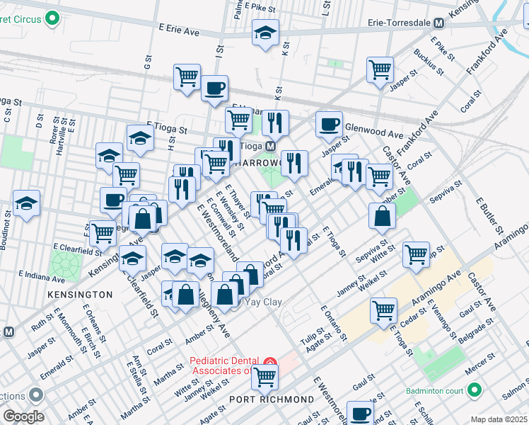 map of restaurants, bars, coffee shops, grocery stores, and more near 3422 Helen Street in Philadelphia