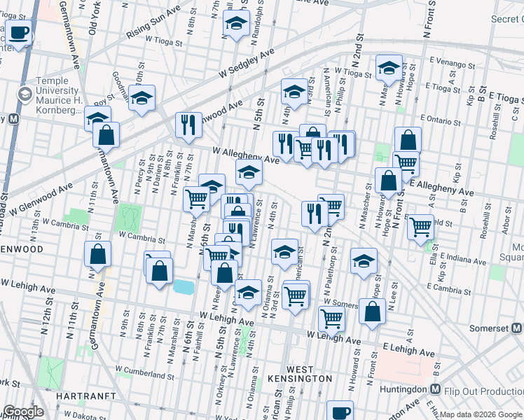 map of restaurants, bars, coffee shops, grocery stores, and more near 3045 North Lawrence Street in Philadelphia