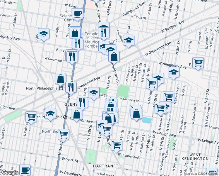 map of restaurants, bars, coffee shops, grocery stores, and more near 1100 West Indiana Avenue in Philadelphia