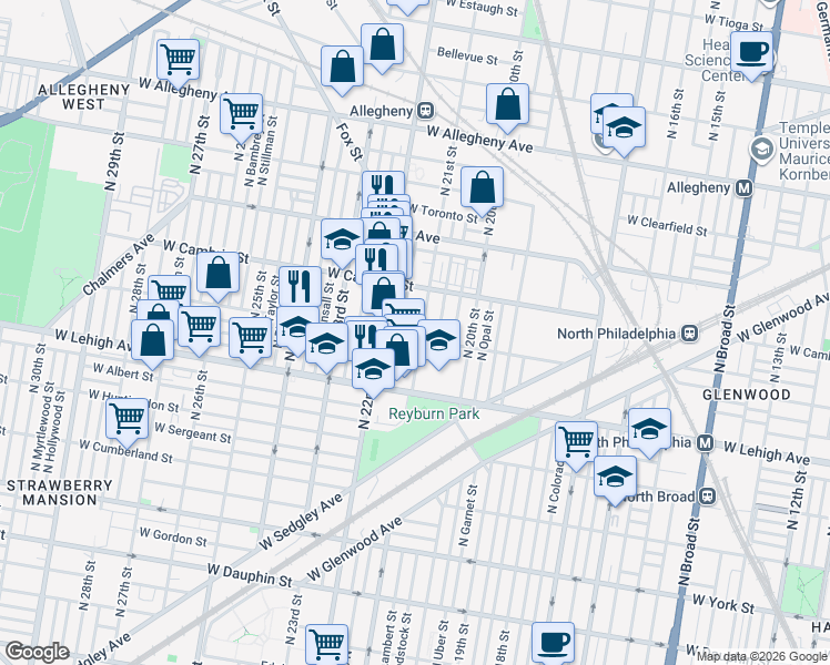 map of restaurants, bars, coffee shops, grocery stores, and more near 2107 West Somerset Street in Philadelphia