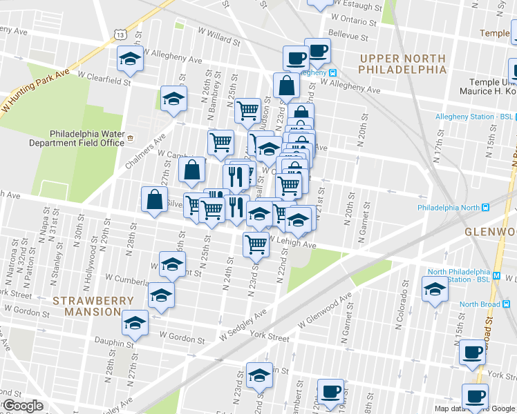 map of restaurants, bars, coffee shops, grocery stores, and more near 2768 North Bonsall Street in Philadelphia