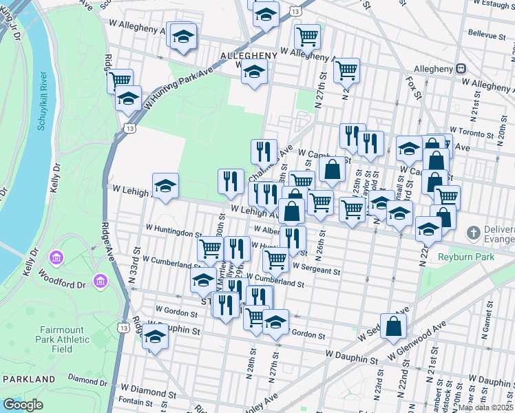 map of restaurants, bars, coffee shops, grocery stores, and more near in Philadelphia