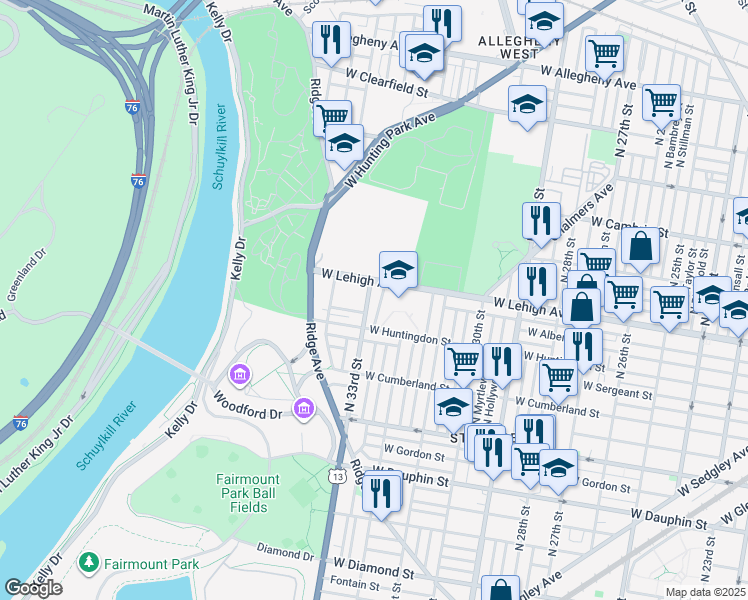 map of restaurants, bars, coffee shops, grocery stores, and more near 2650 North Douglas Street in Philadelphia