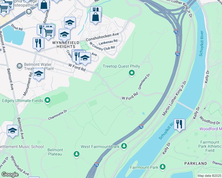 map of restaurants, bars, coffee shops, grocery stores, and more near 4100 Chamounix Dr in Philadelphia