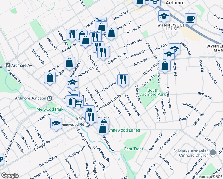 map of restaurants, bars, coffee shops, grocery stores, and more near 2428 Chestnut Avenue in Ardmore