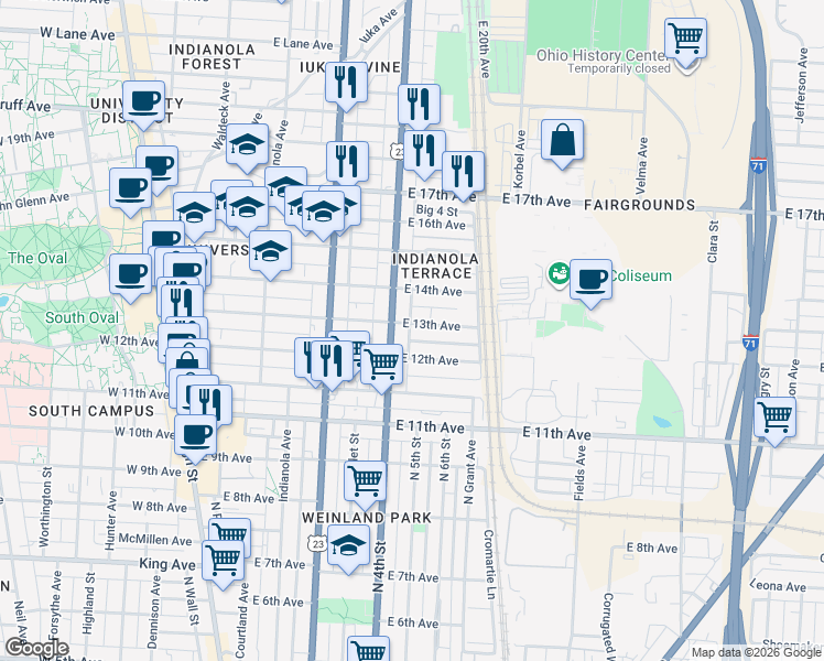 map of restaurants, bars, coffee shops, grocery stores, and more near 350 East 13th Avenue in Columbus