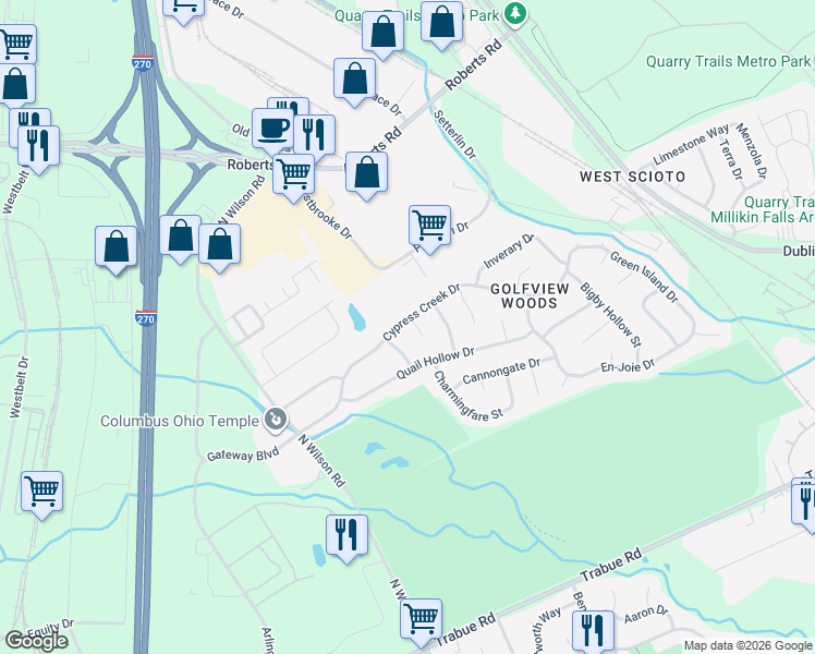 map of restaurants, bars, coffee shops, grocery stores, and more near 2136 Jodilee Court in Columbus