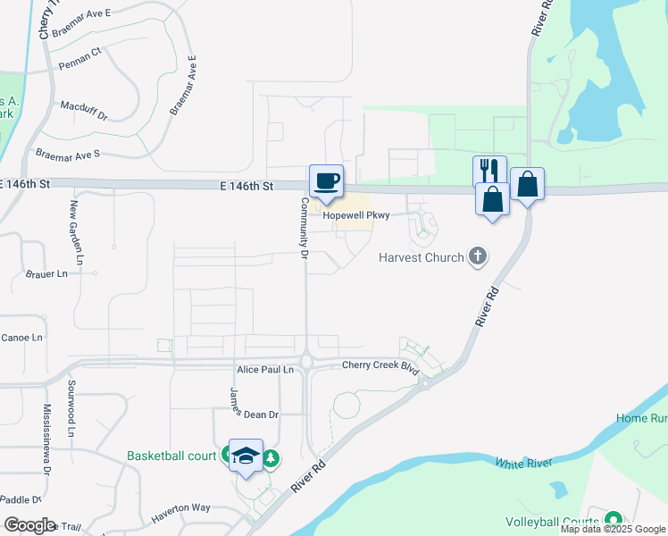 map of restaurants, bars, coffee shops, grocery stores, and more near 14443 Equality Boulevard in Carmel