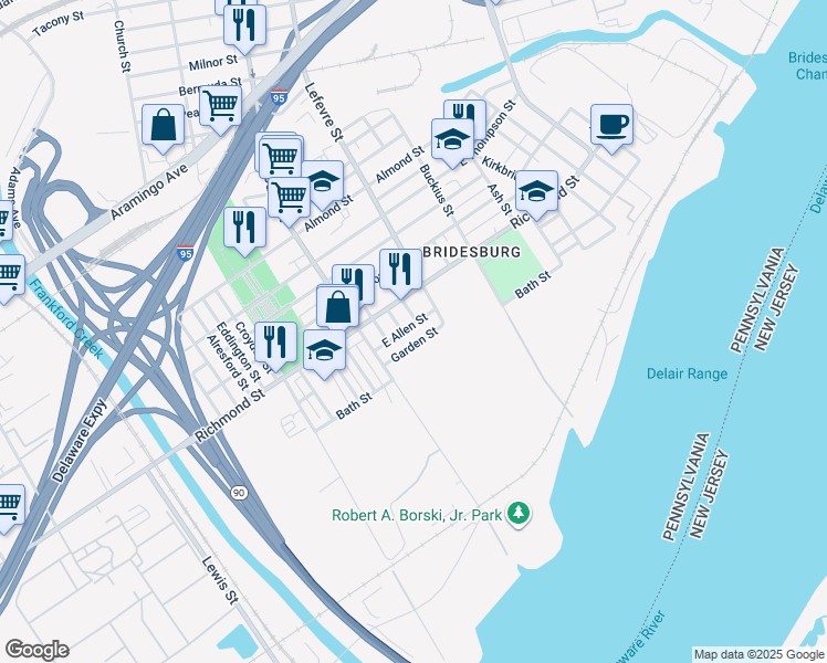 map of restaurants, bars, coffee shops, grocery stores, and more near 4455 East Allen Street in Philadelphia