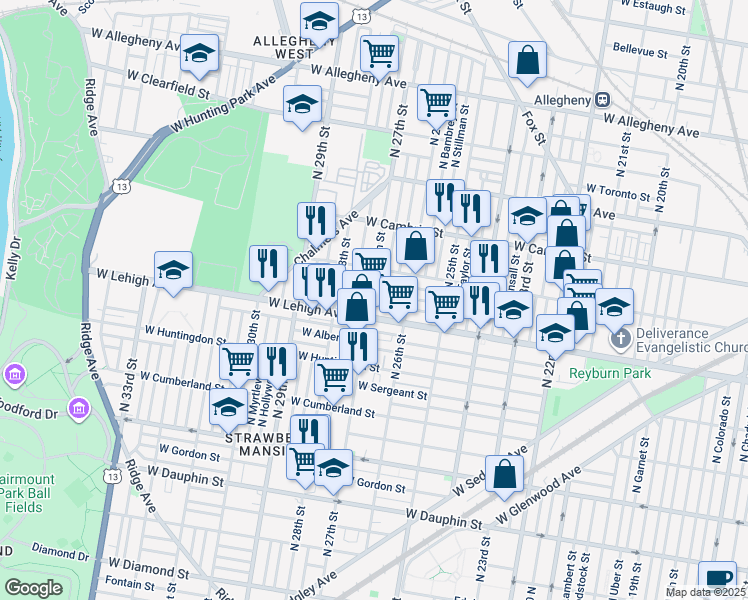 map of restaurants, bars, coffee shops, grocery stores, and more near 2653 West Sterner Street in Philadelphia