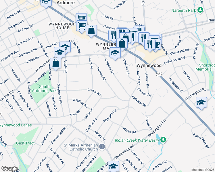 map of restaurants, bars, coffee shops, grocery stores, and more near 600 Sussex Road in Wynnewood