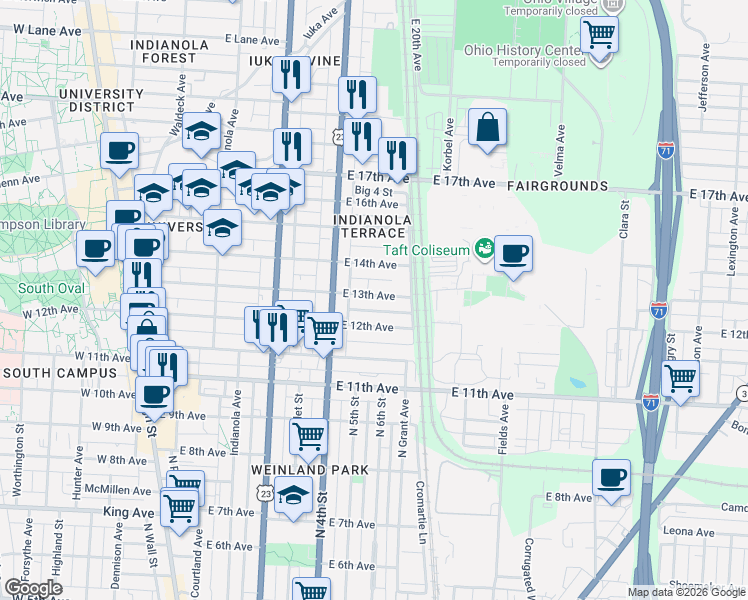 map of restaurants, bars, coffee shops, grocery stores, and more near 408 East 13th Avenue in Columbus