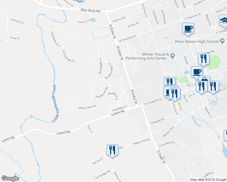 map of restaurants, bars, coffee shops, grocery stores, and more near 135 Bradford Street in Millersville