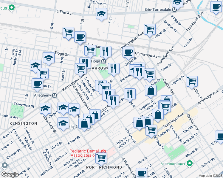 map of restaurants, bars, coffee shops, grocery stores, and more near 3453 Emerald St in Philadelphia