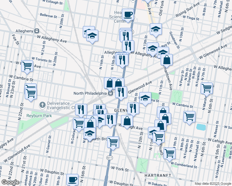 map of restaurants, bars, coffee shops, grocery stores, and more near 2900 North Broad Street in Philadelphia