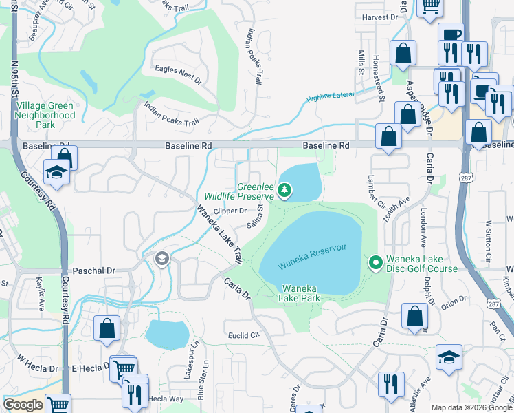 map of restaurants, bars, coffee shops, grocery stores, and more near 155 Salina Street in Lafayette