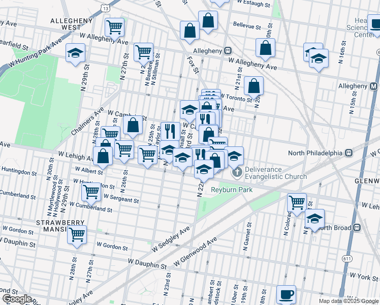 map of restaurants, bars, coffee shops, grocery stores, and more near 2765 North 23rd Street in Philadelphia