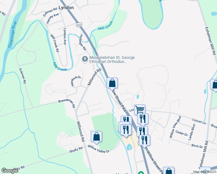 map of restaurants, bars, coffee shops, grocery stores, and more near 2251 Hollinger Road in Lancaster