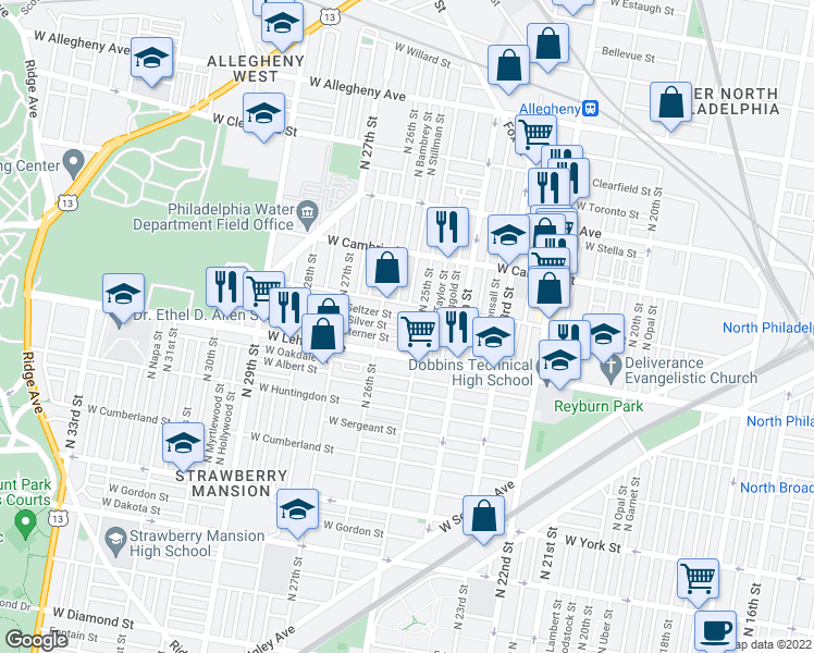 map of restaurants, bars, coffee shops, grocery stores, and more near 2515 West Silver Street in Philadelphia