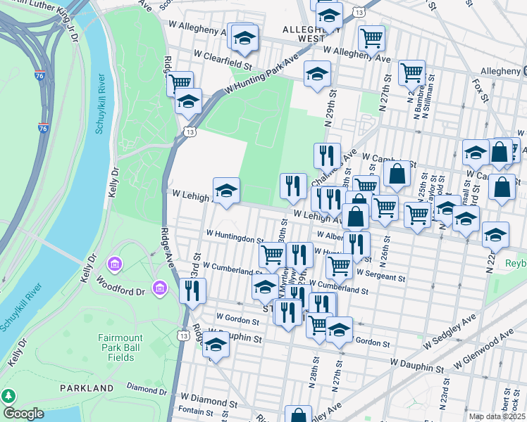 map of restaurants, bars, coffee shops, grocery stores, and more near 3044 West Lehigh Avenue in Philadelphia