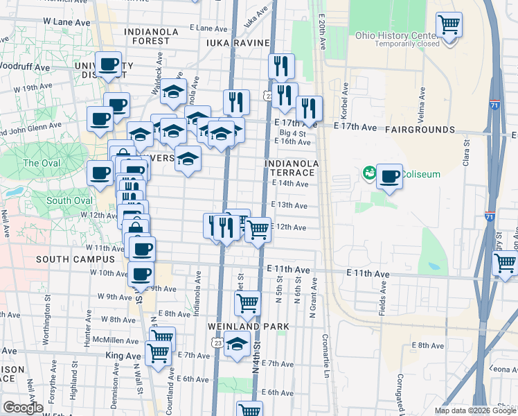 map of restaurants, bars, coffee shops, grocery stores, and more near 1665 North 4th Street in Columbus