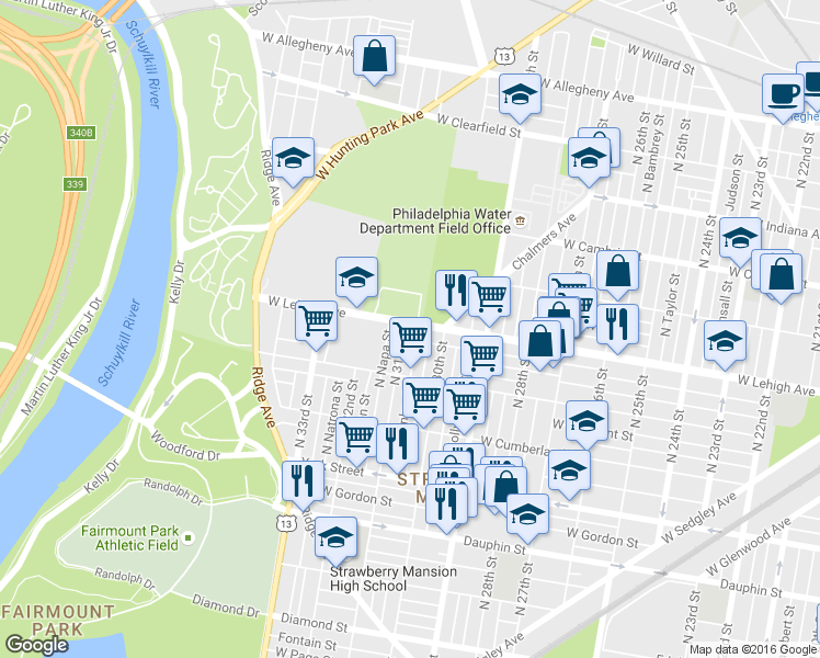 map of restaurants, bars, coffee shops, grocery stores, and more near 3044 West Lehigh Avenue in Philadelphia