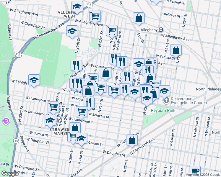 map of restaurants, bars, coffee shops, grocery stores, and more near 2519 West Silver Street in Philadelphia