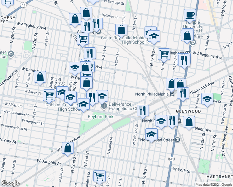 map of restaurants, bars, coffee shops, grocery stores, and more near 2825 North Opal Street in Philadelphia