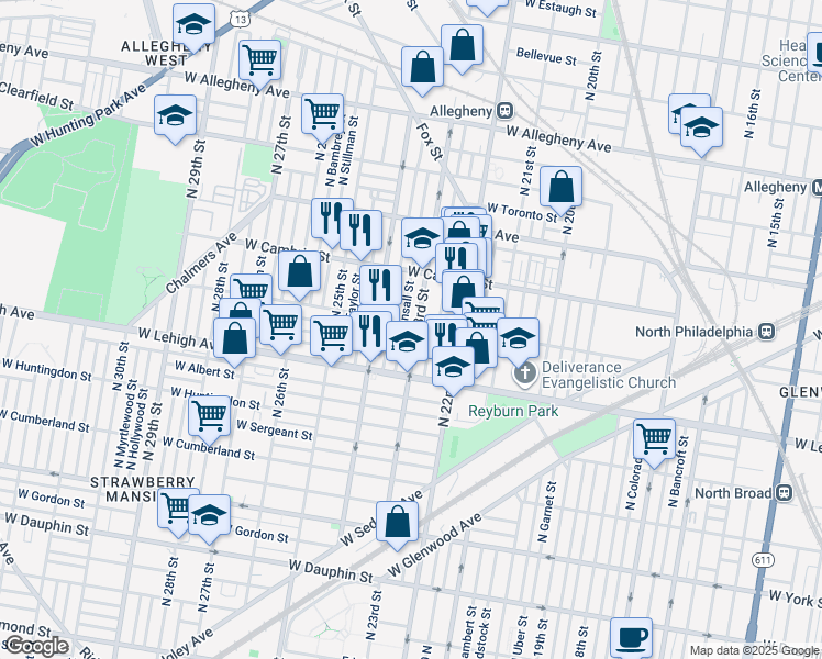 map of restaurants, bars, coffee shops, grocery stores, and more near 2764 North 23rd Street in Philadelphia