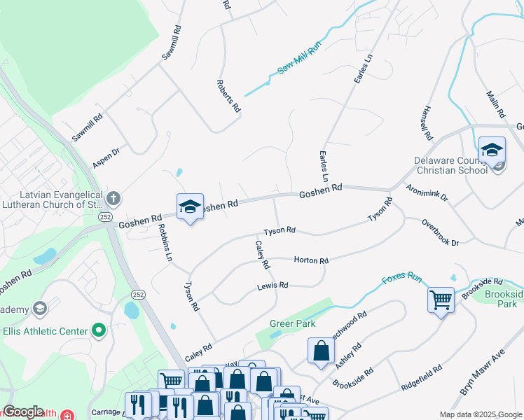 map of restaurants, bars, coffee shops, grocery stores, and more near 3502 Goshen Road in Newtown Square