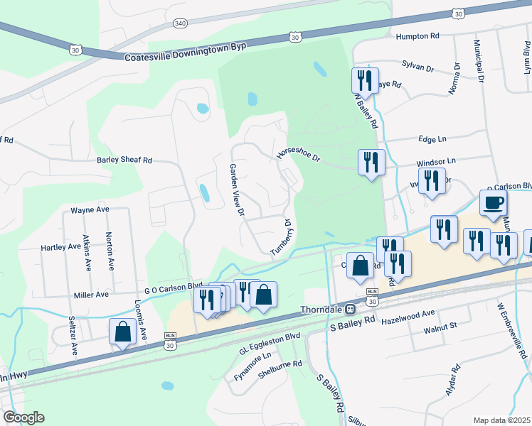 map of restaurants, bars, coffee shops, grocery stores, and more near 217 Turnberry Drive in Thorndale