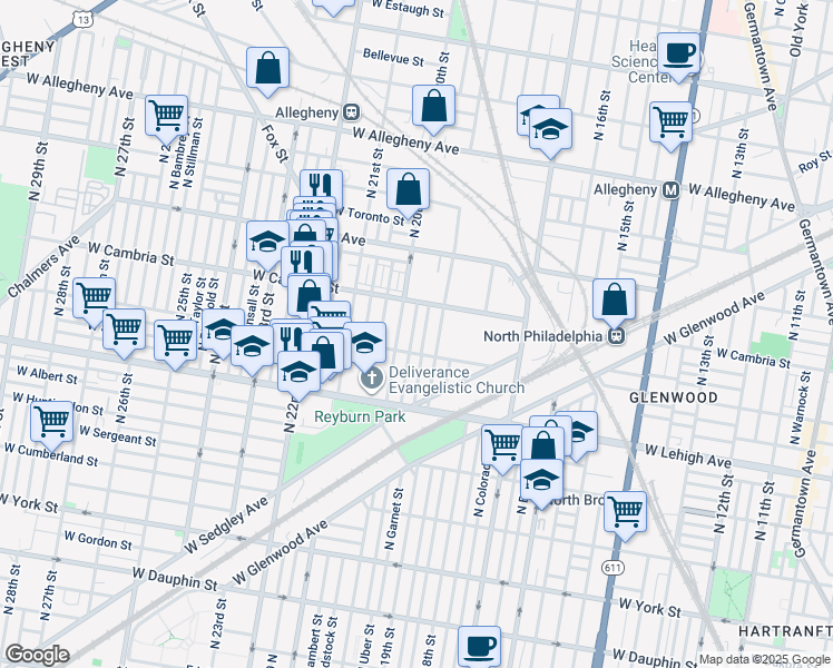 map of restaurants, bars, coffee shops, grocery stores, and more near 2825 North Opal Street in Philadelphia