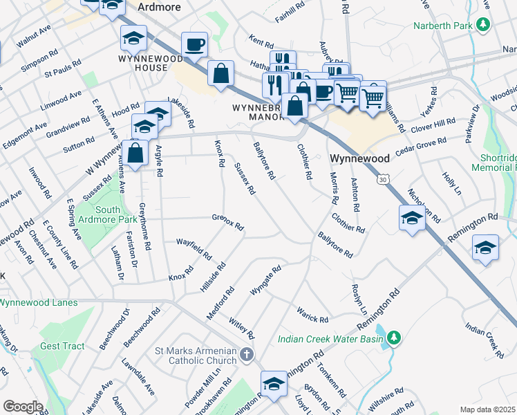map of restaurants, bars, coffee shops, grocery stores, and more near 600 Sussex Road in Wynnewood