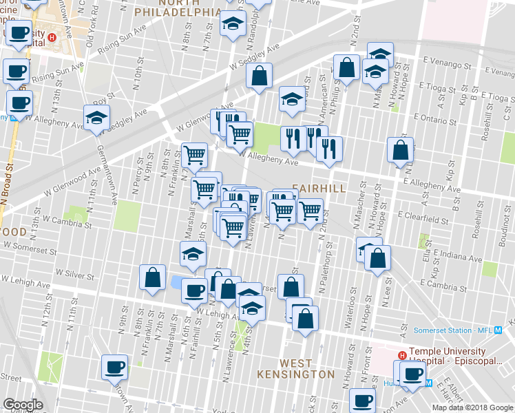 map of restaurants, bars, coffee shops, grocery stores, and more near 3035 North Lawrence Street in Philadelphia