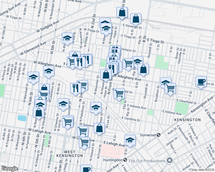 map of restaurants, bars, coffee shops, grocery stores, and more near 3101-31 North Howard Street in Philadelphia
