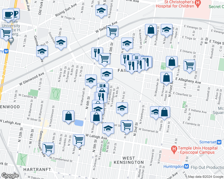 map of restaurants, bars, coffee shops, grocery stores, and more near 3035 North Lawrence Street in Philadelphia
