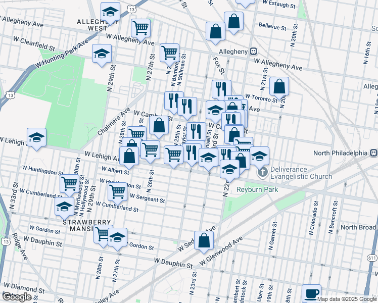 map of restaurants, bars, coffee shops, grocery stores, and more near 2753 North Ringgold Street in Philadelphia