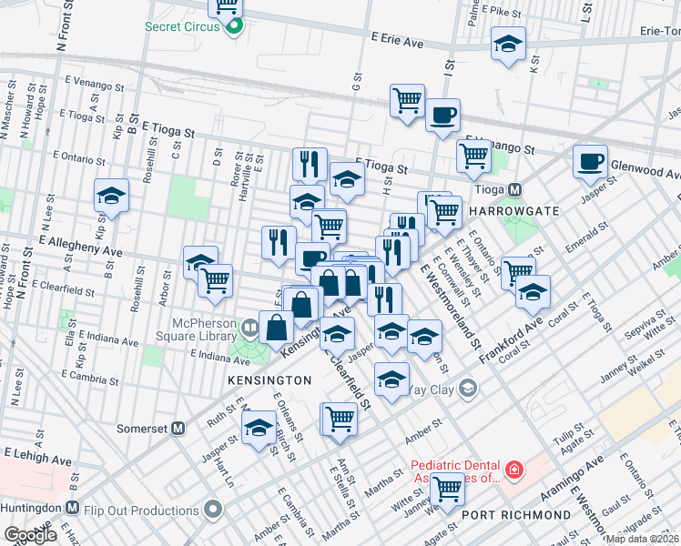 map of restaurants, bars, coffee shops, grocery stores, and more near 845 East Madison Street in Philadelphia