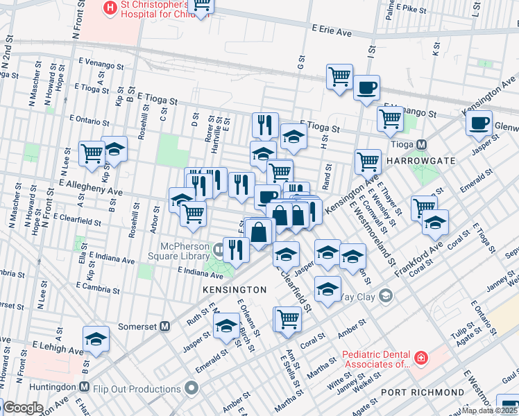 map of restaurants, bars, coffee shops, grocery stores, and more near 730 East Hilton Street in Philadelphia