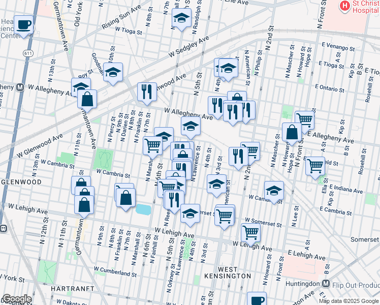 map of restaurants, bars, coffee shops, grocery stores, and more near 3025 North 5th Street in Philadelphia