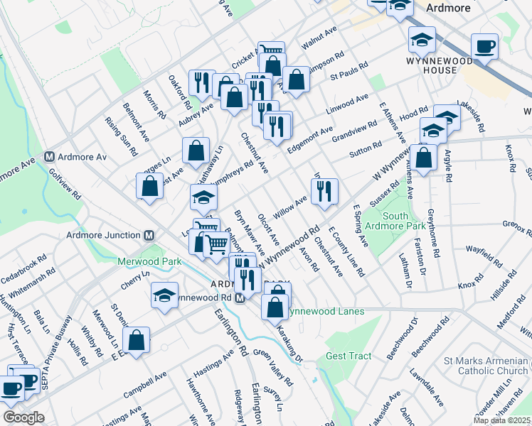 map of restaurants, bars, coffee shops, grocery stores, and more near 2511 Olcott Avenue in Ardmore